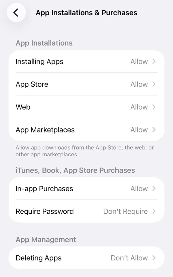App Installations & Purchases with Deleting Apps set to Don’t Allow