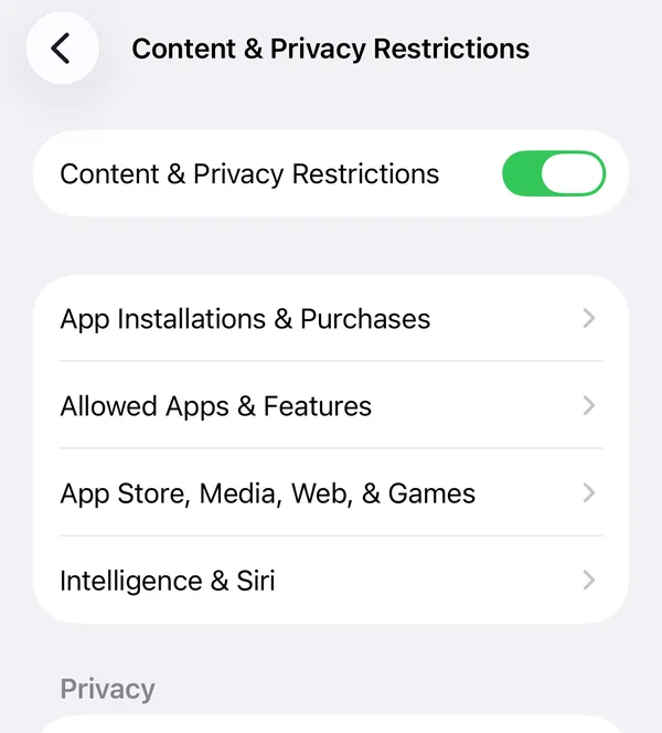 Content & Privacy Restrictions switched on in iPhone Settings