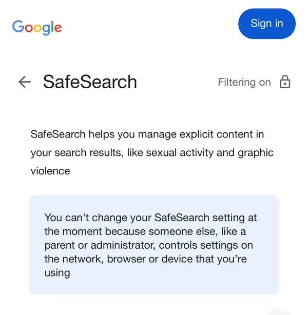 Google’s SafeSearch page showing Filtering on with a lock