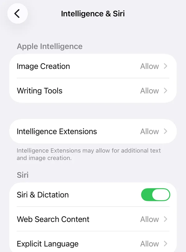 Intelligence & Siri restrictions showing Web Search Content and Explicit Language