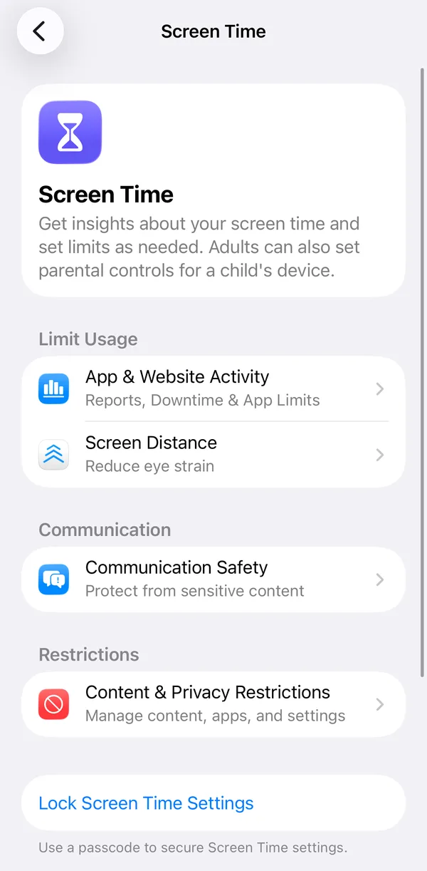 The Screen Time screen in iPhone Settings with Lock Screen Time Settings at the bottom