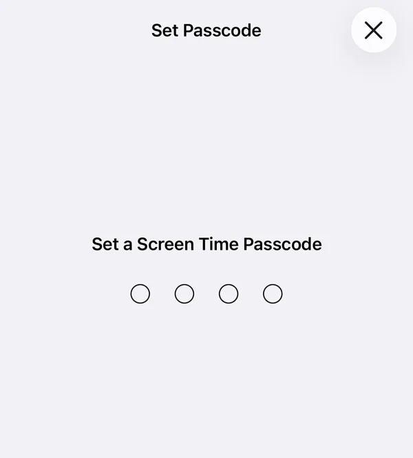 The Set Passcode screen asking for a four-digit Screen Time passcode