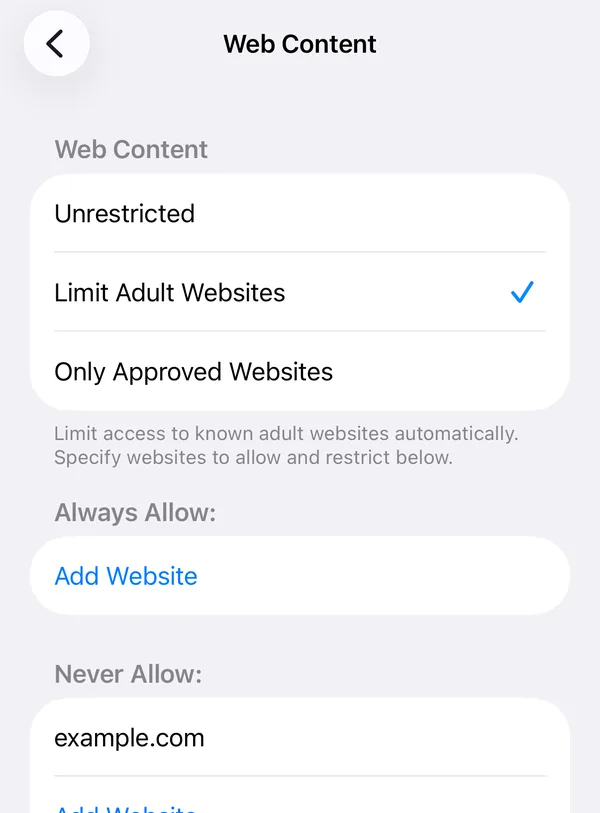 Apple’s Web Content setting with Limit Adult Websites selected